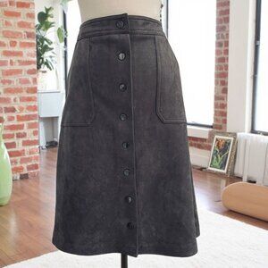 Tahari Charcoal Faux Suede A Line Midi Skirt Button Front High Waist Festival